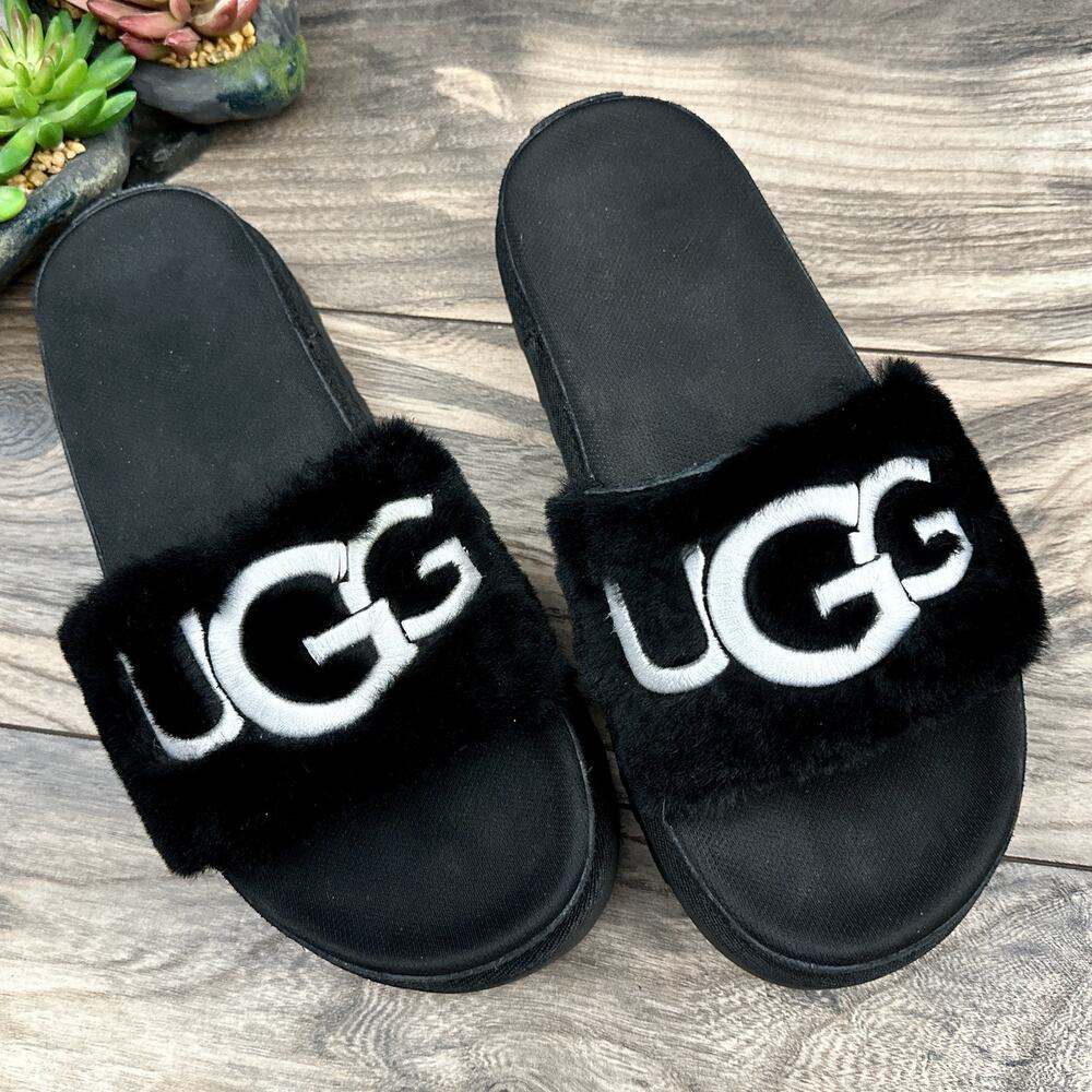 UGG Laton Fur Platform Slide Sandals Black Sheepskin 8 39 - Picture 3 of 12